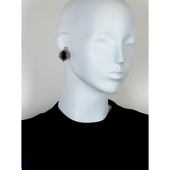 Vintage Black Faceted Stone & Silver-Tone Clip-On Earrings Signed "Best" - Picture 3 of 8